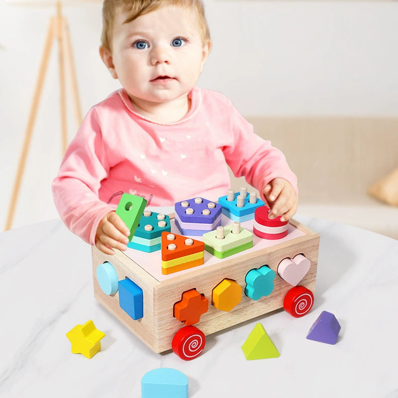 Sorticart | Kleuren En Vormen Ontdekken - Houten Blokkenwagen