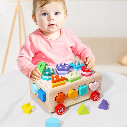 Sorticart | Kleuren En Vormen Ontdekken - Houten Blokkenwagen