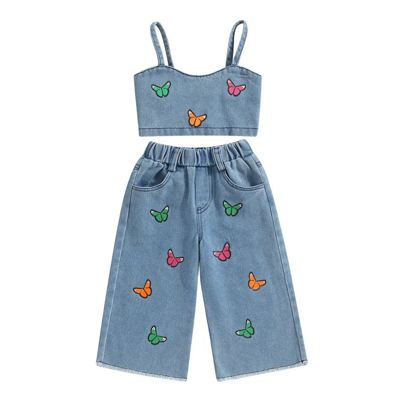 Littlelooks | Denim Met Vrolijke Vlinders - Meisjes Zomersetje