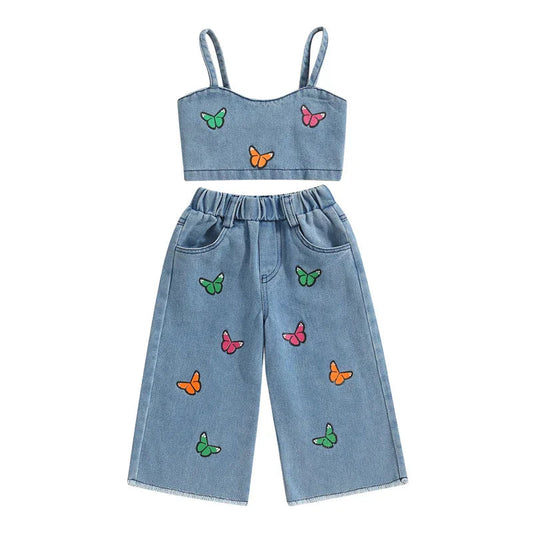 Littlelooks | Denim Met Vrolijke Vlinders - Meisjes Zomersetje