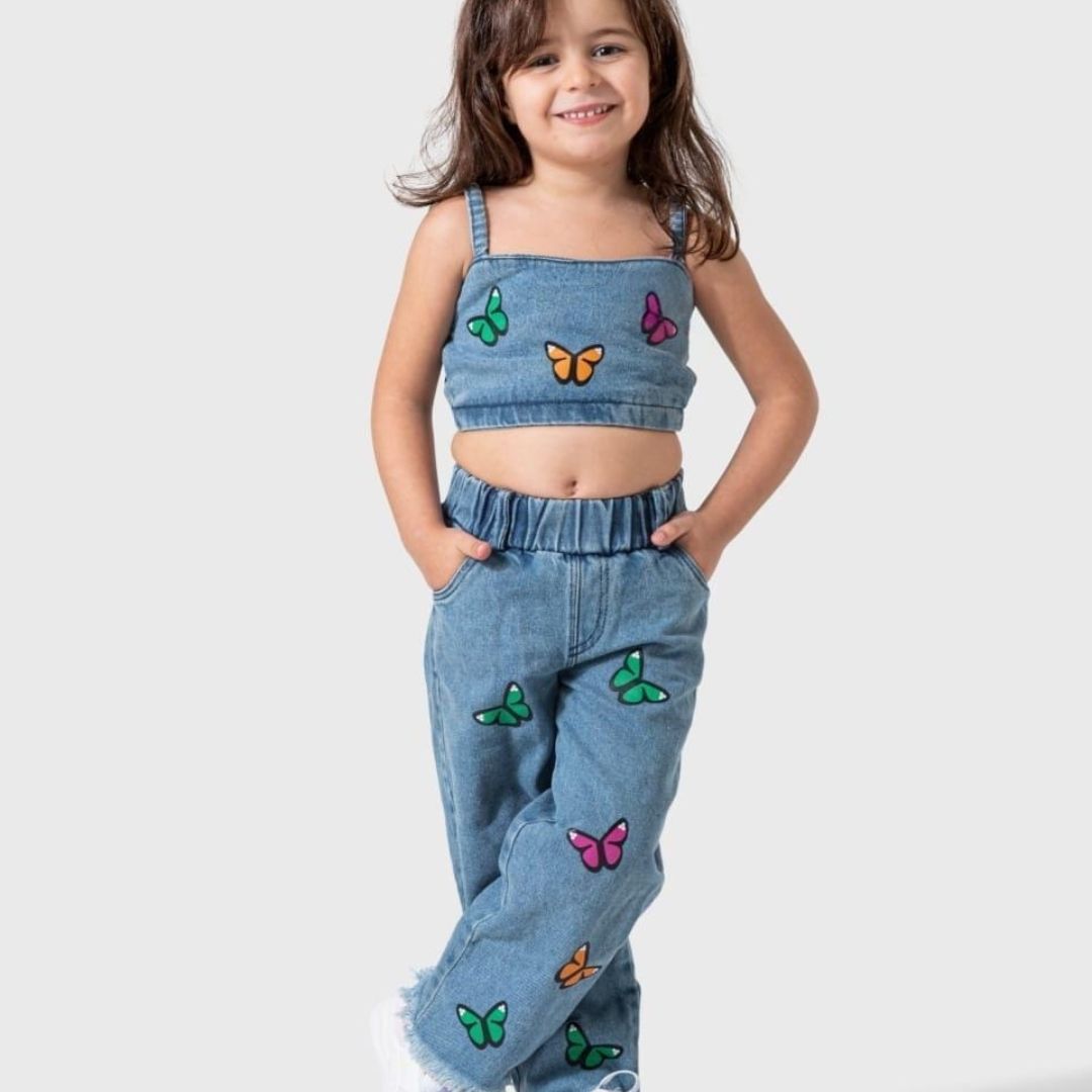 Littlelooks | Denim Met Vrolijke Vlinders - Meisjes Zomersetje