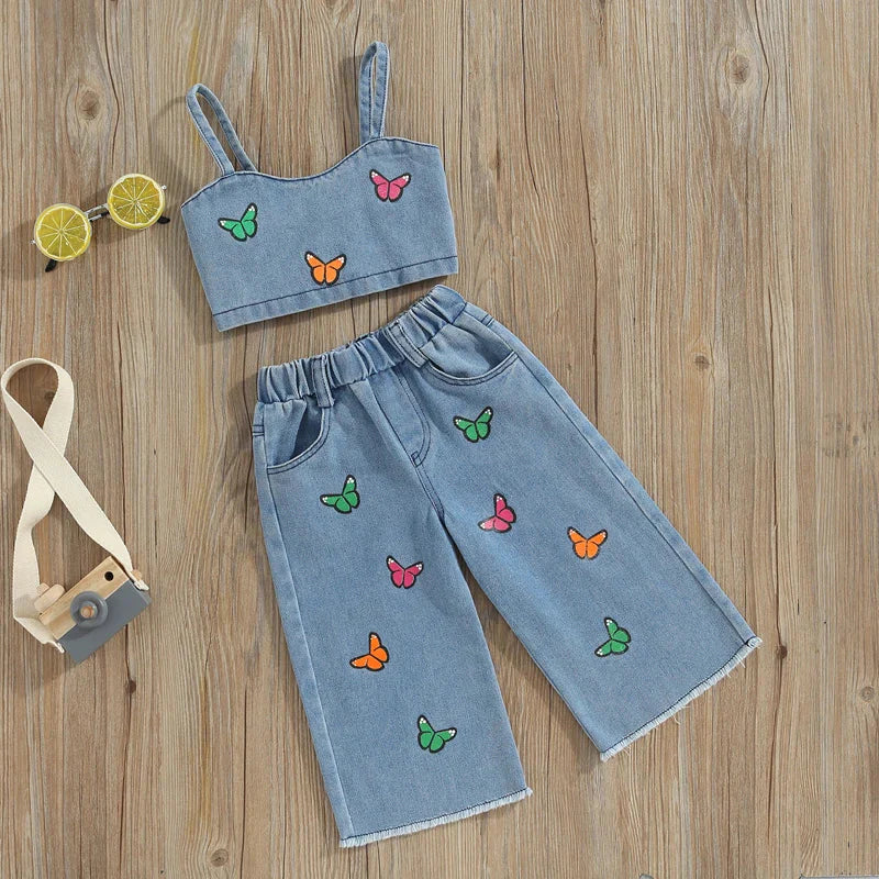 Littlelooks | Denim Met Vrolijke Vlinders - Meisjes Zomersetje