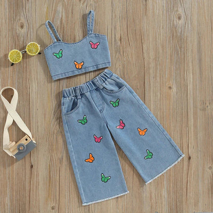 Littlelooks | Denim Met Vrolijke Vlinders - Meisjes Zomersetje